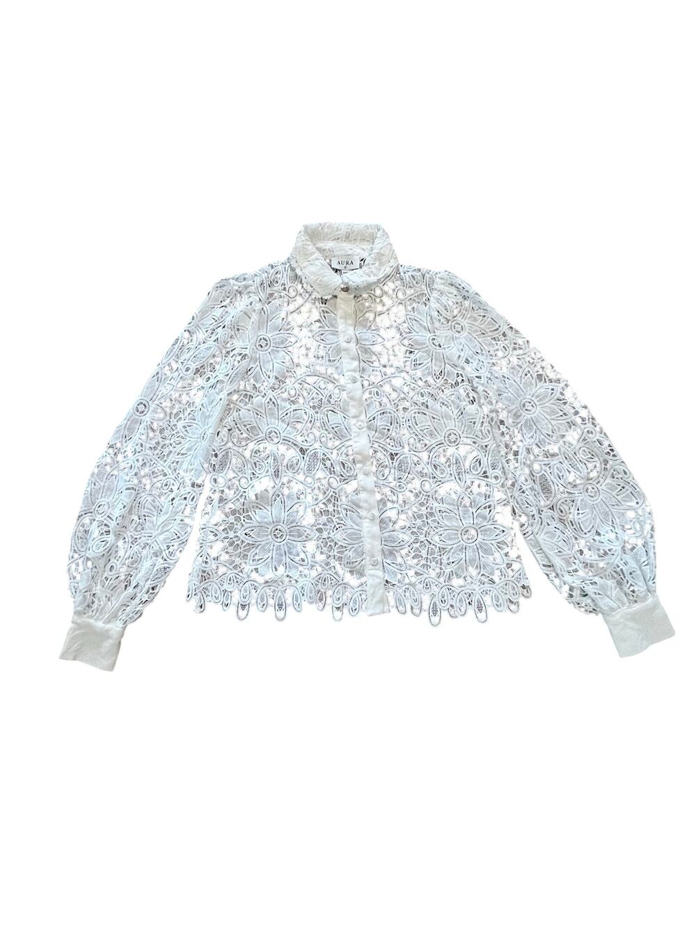 AURA Aria White Floral Guipure Lace Button Down Balloon Sleeve Blouse | S